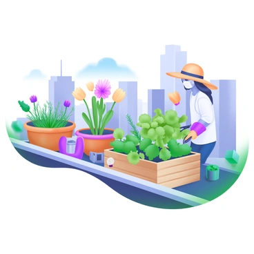 A rooftop garden filled with various green plants and bright flowers, with an urban gardener actively tending to them. The gardener, wearing a sun hat and gloves, is using pruning shears while kneeling beside a lush plant. In the background, the cityscape is visible with tall buildings and a clear blue sky. The rooftop also features terracotta pots, a small watering can, and a wooden planter box filled with herbs. Sunlight casts gentle shadows, enhancing the vibrant colors of the plants and the urban setting.