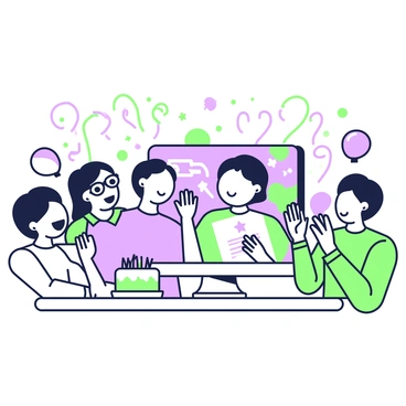 A group of five friends is gathered around a computer, cheering for their friend's achievement during a video call. On the screen, their friend is visible, holding a certificate with a proud smile. The friends, positioned at different angles, display expressions of excitement and joy. One friend, wearing glasses, is clapping their hands, while another is holding a party hat. Colorful streamers and balloons are hanging in the background, adding to the celebratory atmosphere. A small cake with candles sits on a table beside them, ready for a virtual celebration.