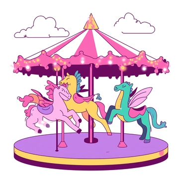 A vibrant carousel spins gracefully, adorned with colorful characters from fairy tales and storybooks as rides. Each ride features a different character; a pink unicorn with a shimmering mane, a bright yellow dragon looking playful, and a teal fairy with delicate wings fluttering gently. The carousel's platform is decorated with ornate patterns, and the posts are wrapped in twinkling lights that give off a warm glow. In the background, there are soft clouds in the sky, and the scene is captured at sunset, casting a gentle light over the enchanting rides.