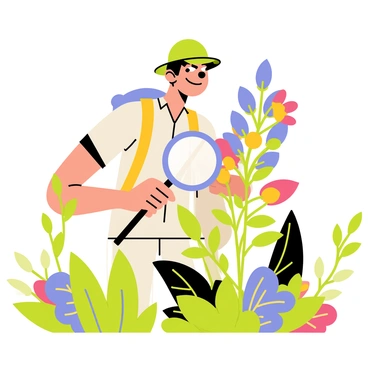 An explorer wearing a green hat and a beige vest is holding a large magnifying glass up to a vibrant fynbos plant. The fynbos features colorful flowers in shades of purple, yellow, and pink, surrounded by various green leaves. The explorer has a small backpack slung over one shoulder, and his face shows curiosity as he examines the intricate details of the ecosystem. In the background, other fynbos plants can be seen, creating a rich and diverse landscape under a clear blue sky.