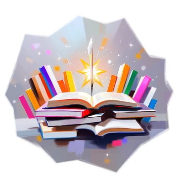 A galaxy composed of countless books, their colorful spines facing outward, creating a swirling formation around a central star. This star is uniquely shaped like a quill, its feathered tip radiating a warm, golden light that illuminates the surrounding books. The books are varied in size and color, with some open to reveal pages filled with text and illustrations. The scene conveys a sense of dynamic motion as the books orbit gracefully, while the quill star stands proudly at the center, symbolizing creativity and knowledge.