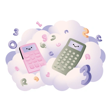 A digital flat illustration depicting a whimsical dreamscape. The background is filled with fluffy white clouds, some of which are shaped like calculators with buttons and screens. Among the clouds, floating numbers in various colors drift freely, creating a playful atmosphere. The sky is a soft blue, enhancing the dreamlike quality of the scene. The calculators have friendly faces and seem to be smiling amidst the clouds, while the numbers swirl around them in an imaginative dance.