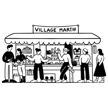 A bustling village market scene filled with various stalls showcasing an array of goods. Each stall is lined with different products such as fruits, vegetables, and handcrafted items. Shoppers of diverse ages and attire are actively engaged in browsing and purchasing items. A vendor stands behind one stall holding up a basket of fresh produce. In the background, a large banner hangs overhead, displaying the words "Village Market." Several shoppers are interacting with one another amid the lively atmosphere.