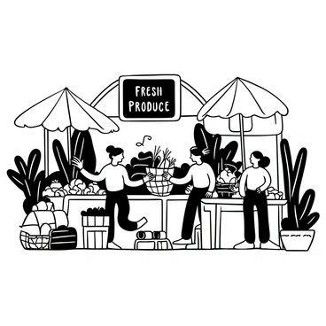 A bustling farmers market filled with various stalls displaying fresh produce, including baskets of vegetables and fruits. There are handmade goods like woven baskets and artisanal bread arranged on tables. People are shopping and interacting with vendors, exchanging produce and goods. A large chalkboard sign reads "Fresh Produce" above the market entrance, surrounded by greenery and potted plants. A few market umbrellas provide shade over the stalls, creating a lively atmosphere.