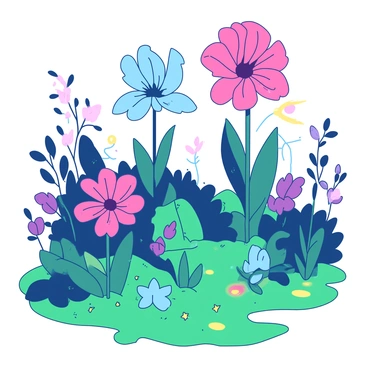 A magical garden filled with oversized flowers in vibrant colors, towering above the lush green grass. Each flower has intricate petal details and varying shapes. Gentle glowing lights are scattered throughout the garden, illuminating the surroundings with a soft blue and yellow glow. In the background, there are hints of twisting vines and foliage that add depth to the scene. The atmosphere is tranquil, inviting viewers to explore the enchanting beauty of this whimsical place.