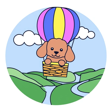 A cavapoo with curly fur peeks out from a wicker hot air balloon basket. The balloon is colorful, featuring bright red, yellow, and blue patterns. Below, a landscape of green fields and winding rivers stretches out. The sky is clear with a few fluffy white clouds scattered throughout. The sun casts a warm light on the scene, illuminating the cavapoo's playful expression as it gazes down.