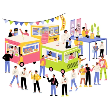 A bustling street festival scene filled with activity. There are multiple food trucks in vibrant colors, each showcasing a different type of cuisine. People are gathered around, enjoying food and drinks. Several booths are set up, each promoting different community funds with colorful banners and informative displays. In the background, a small stage hosts musicians playing lively music, while attendees dance and enjoy the performance. The atmosphere is filled with laughter, conversation, and the enticing aromas of various foods.