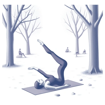A person is performing a yoga pose that focuses on strengthening the pelvic floor. The individual is positioned on a yoga mat in an open area of a park. Surrounding them are trees with textured bark and clusters of leafy branches. The ground is covered with grass, and there are a few scattered rocks in the vicinity. The person's posture is stable and balanced, showcasing their focus and concentration. The park has a calm atmosphere, with the distant outline of other park-goers engaged in various activities.