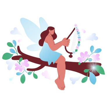A fairy with delicate wings is sitting on a sturdy tree branch. The fairy is wearing a flowing dress made of leaves and petals. She is playing a small harp made of twigs and flowers, her fingers gracefully positioned over the strings. Surrounding the branch are clusters of colorful flowers and vibrant green leaves. Soft light filters through the canopy, casting gentle shadows on the fairy and the branch.
