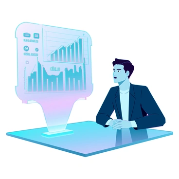 A translucent AI assistant hologram with a sleek, futuristic design, featuring glowing blue circuits and an array of digital symbols floating around it. It is positioned in front of a user, a middle-aged man with short black hair and wearing smart business attire. The hologram displays various financial graphs and charts in mid-air, illustrating upward trends and statistics. The user appears engaged and focused, leaning slightly forward with one hand resting on a transparent table, which reflects the colorful light emitted by the hologram.