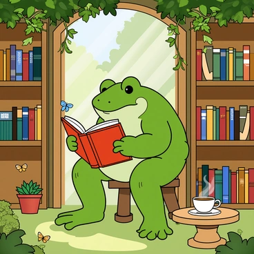 A large green bullfrog with smooth skin is sitting on a wooden stool in a cozy forest library. The bullfrog is intently reading a tiny book, which is open in front of him, showcasing colorful illustrations on the pages. Sunlight filters through the leafy canopy above, casting dappled light on the surrounding wooden shelves filled with various books. Nearby, a small wooden table holds a steaming cup of tea. The walls of the library are made of natural wood, adorned with hanging vines and small potted plants, adding to the inviting atmosphere. The ground is covered in soft moss, and a few butterflies flutter around, enhancing the peaceful scene.