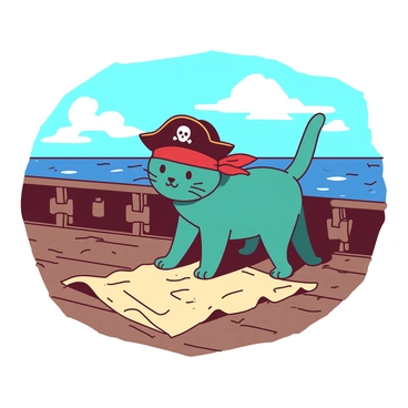 A teal cat dressed in a pirate outfit, complete with a small black hat and a red bandana, is confidently standing on the wooden deck of a ship. The ship’s deck is embellished with ropes and barrels, and in front of the cat, there is an aged, crumpled treasure map spread out on the floor. The cat is leaning slightly forward, one paw resting on the edge of the map, as it gazes towards the horizon, where a vibrant blue sky meets the ocean.