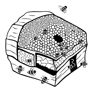 A cross-section of a bee hive revealing the intricate internal structure. The hexagonal honeycomb cells are filled with honey and beeswax. Bees are actively moving around, some carrying pollen, while others are tending to the larvae. The walls of the hive are made of wood, showing texture and grain. The scene is detailed with various sizes and positions of the bees, showcasing their industrious nature within the hive.