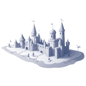 A vast beach stretches out under a bright sky. The shoreline is dotted with intricately sculpted sandcastles, each varying in size and design. Some sandcastles have towering spires, while others feature wide walls adorned with arches and intricate patterns. The sandy ground is textured, with footprints leading between the castles. Nearby, small children are engaged in building more castles, shaping the sand with buckets and shovels. Seagulls can be seen flying overhead, casting shadows over the sandy structures. The scene captures the essence of a city crafted from sand, blending creativity and playfulness under the sun.