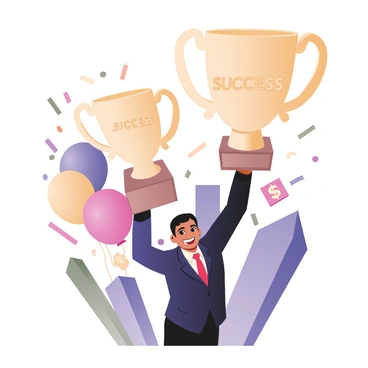 A digital flat illustration featuring an entrepreneur holding up a large golden trophy with the word "Success" engraved on it in bold letters. The entrepreneur is a South Asian man with short black hair, wearing a tailored navy suit and a bright red tie. He has a wide smile on his face, displaying excitement and pride. Surrounding him are colorful confetti and balloons, symbolizing celebration. In the background are stylized representations of skyscrapers and dollar signs, illustrating the theme of economic freedom.