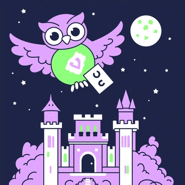 An owl is flying through the night sky, its wings outstretched as it carries a glowing letter in its talons. The owl has large, round eyes that are bright and expressive. Below, a fairy-tale castle is visible with tall towers and a grand entrance, illuminated by moonlight. The castle has an intricate design, featuring arched windows and spires that reach toward the stars. The night sky is filled with small, twinkling stars, and a bright full moon casts a gentle light on the scene. The owl is heading directly towards the castle, its feathers detailed and highlighted against the dark background.