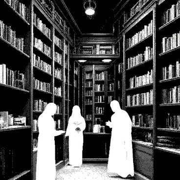 An old bookstore is filled with tall wooden shelves lined with numerous books. The shelves are slightly worn, with intricate carvings visible on their surfaces. Ghostly figures, translucent and ethereal, are seen perusing the shelves; their expressions are curious and contemplative. Some figures are leaning closer to inspect the titles, while others are standing back, observing the surroundings. Surrounding them, books float gently through the air, some appearing to open and close on their own. Flickering lights hang from the ceiling, casting soft shadows and creating an enigmatic atmosphere throughout the bookstore.