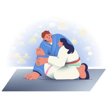 A jiu-jitsu practitioner with short brown hair is applying a submission hold on their opponent during a match. The practitioner is wearing a blue gi and has a focused expression on their face. The opponent, who has long black hair tied in a ponytail, is wearing a white gi and is on their knees, showing a look of concentration. The mat underneath them is dark gray, and there are various patches of bright lighting highlighting the athletes. The background features blurred outlines of spectators watching the match, creating a sense of an active competition environment.