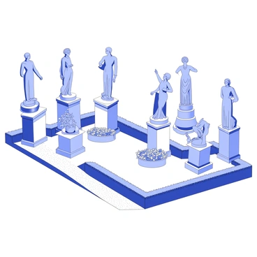 A garden features multiple statues strategically aligned to create visual angles reminiscent of the numbers "2" and "5." The statues vary in design, with some depicting elegant figures and others representing abstract forms. Each statue is placed on stone pedestals, with lush greenery surrounding them. Flowerbeds filled with blooms are positioned along the pathways leading to the statues. The arrangement creates an engaging visual perspective, drawing the eye along the curves and angles formed by the figures. The garden is well-maintained, with neatly trimmed hedges and a gravel path winding through the installations.