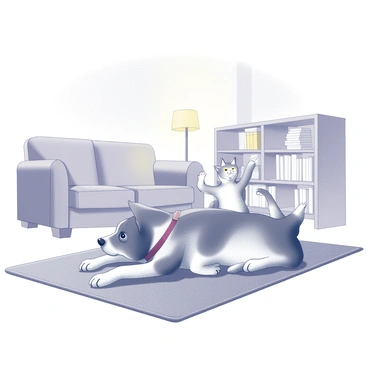 A large dog and a small cat are stretching side by side in a cozy living room. The dog is lying on its stomach with its front legs extended forward and its back legs pushed behind, while the cat is arching its back and extending its front paws in a playful manner. The living room features a plush area rug and a comfortable sofa nearby. There is a bookshelf filled with books in the background and a warm light emanating from a lamp placed on a side table. The atmosphere appears inviting and homey.