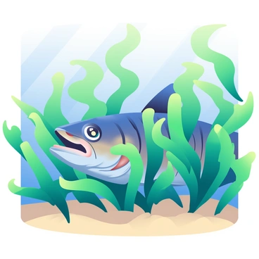 A barracuda with a sleek, elongated body is peeking through thick, vibrant green seaweed. The barracuda's scales have a mix of iridescent blue and silver hues that reflect the light from above. Its sharp, pointed teeth are partially visible, and its large eyes are glinting with a bright, predatory shine. The seaweed is lush and intertwined, creating a dense habitat around the fish. Sunlight filters through the water's surface, casting soft patterns on the sandy ocean floor below.