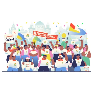 A lively parade takes place in Madrid, filled with enthusiastic supporters of Real Madrid. Groups of people, dressed in white jerseys with the team's logo, are gathered together, waving large flags that feature the team's colors. Some supporters carry banners with messages of encouragement. The crowd is singing songs in unison, expressing their passion and excitement for the team. Colorful confetti is scattered in the air, adding to the festive atmosphere. In the background, iconic Madrid architecture can be seen, creating a vibrant cityscape that enhances the lively scene.