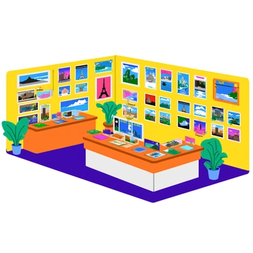 A shop section filled with vibrant travel illustrations. Colorful maps hang on the walls, showcasing various tourist sites. Each map features intricate details of landmarks and natural wonders, all richly colored. On display, there are framed illustrations of famous tourist sites, such as the Eiffel Tower and the Great Wall of China, each beautifully rendered with lively colors. Shelves are lined with travel-themed art books, and small travel stickers are available for purchase, enhancing the theme of exploration and adventure.