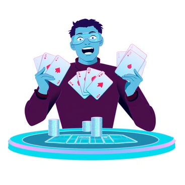 A player with medium brown skin sitting at a futuristic poker table. The player has short dark hair and is wearing a sleek, high-tech visor that displays digital information. They are holding five cards in their hands, showing a royal flush in spades. The cards are well-defined, with intricate, glowing designs. The player's expression is one of intense excitement and triumph, with wide eyes and a wide smile. Surrounding the player are holographic chips and an illuminated game board, enhancing the atmosphere of an advanced gaming experience.