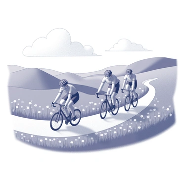 A group of cyclists riding along a winding dirt path. The cyclists are wearing helmets and colorful cycling jerseys, showcasing their dynamic poses as they pedal forward. In the background, there are several rolling hills, covered with lush grass and dotted with wildflowers. The wildflowers are scattered throughout the grassy landscape, displaying various shapes and sizes. The sky above features a few fluffy clouds, contributing to the overall sense of movement in the scene.