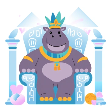 A hippopotamus dressed in ornate golden and jewel-encrusted pharaoh attire is sitting regally on an elaborately designed throne. The throne is adorned with intricate carvings depicting ancient Egyptian symbols and patterns. Surrounding the throne are tall columns with hieroglyphs, and a backdrop of pyramids can be seen under a gradient pastel sky. The hippopotamus is wearing a traditional headdress, complete with a colorful collar, showcasing a display of rich colors and textures. Decorative artifacts are scattered around the throne, emphasizing the grandeur of the scene.