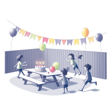 A backyard party setting is filled with children engaged in various games. Colorful balloons are tied to a wooden fence and float gently in the air. A large birthday cake sits on a picnic table, adorned with frosting and candles. Children are laughing and running around, some playing tag while others are gathered around the table. A brightly colored banner reading "Happy Birthday" is strung across the area, adding to the festive atmosphere.