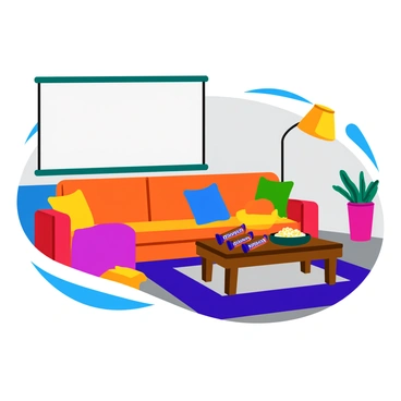An inviting living room set up for a movie night with Snickers bars on the table.