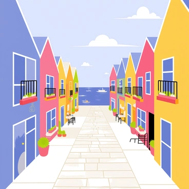 A charming Cornish seaside village featuring a row of colorful houses painted in bright shades of blue, yellow, and pink. The houses have small balconies adorned with flower pots, and fishing nets hang on the walls. Narrow cobblestone streets wind through the village, flanked by quaint shops and cafés with outdoor seating. A distant view of the sparkling blue ocean is visible at the end of the street, with a few boats bobbing gently in the harbor. A clear blue sky stretches above, dotted with fluffy white clouds.