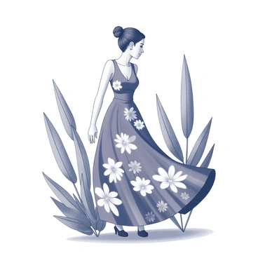 A dress featuring petals and leaves in its design, modeled by a woman in a serene natural setting.
