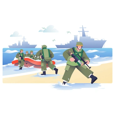 A group of soldiers in camouflage uniforms is landing on a sandy beach. They are emerging from small landing crafts that are approaching the shore. The soldiers carry rifles and gear as they make their way through the shallow water. In the background, several large battleships are anchored offshore, their silhouettes visible against the sky. The scene captures the urgency of the landing, with waves crashing onto the beach and the soldiers focused on their mission. Seagulls can be seen flying above, adding to the coastal atmosphere.