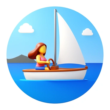 A woman is steering a sailboat with a confident expression. The boat's white sails are fully unfurled, catching the wind. The ocean beneath the boat is a vibrant blue, reflecting the clear blue skies above. The woman has long hair flowing in the wind and is wearing a lightweight, casual outfit suitable for sailing. The sun is shining brightly, illuminating the scene and casting soft shadows on the deck of the boat. In the background, there are distant silhouettes of land and a few fluffy white clouds dotting the sky.