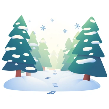 A winter forest scene is depicted with tall pine trees covered in a layer of snow. Snowflakes are gently falling from the sky, creating a soft, white blanket on the ground. Each snowflake is distinct in shape and detail, showcasing intricate patterns. The branches of the trees are heavy with snow, and the ground is dotted with small footprints leading deeper into the woods. A soft light filters through the trees, illuminating the scene with a gentle glow.