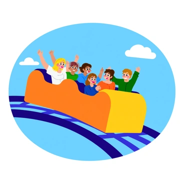 A colorful roller coaster car with a curved design is navigating through a sharp turn. The car is filled with excited passengers who are raising their arms in the air, displaying expressions of joy and thrill. The scene captures the dynamic movement of the coaster as it leans into the turn, with cartoon-style details highlighting the track below. The background features a bright blue sky, enhancing the lively atmosphere of the ride.