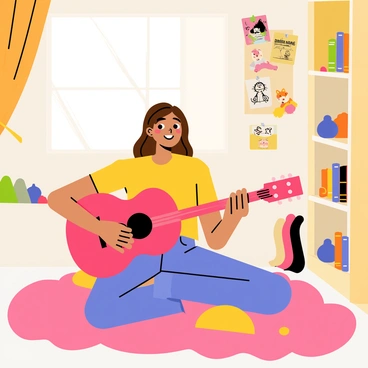 A cartoon girl with long brown hair, wearing a bright yellow t-shirt and blue jeans, is sitting on a fluffy pink rug in her colorful bedroom. She has a wide smile on her face as she plays a red guitar. Posters of her favorite bands are taped to the walls, alongside drawings and photos pinned on a bulletin board. Sunlight streams through a window adorned with cheerful curtains, casting soft shadows in the room. A small bookshelf filled with books and plush toys is visible in the corner, and a few colorful cushions are scattered around her.