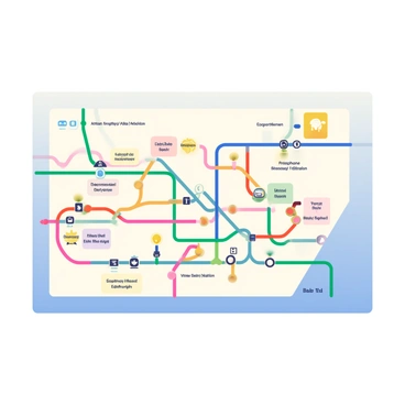A detailed subway map is spread across the image, showcasing various inventions and the locations where they were created. The map features colorful lines connecting different stations, each labeled with a specific invention name and the corresponding city or country. For example, one line leads to "Light Bulb" in "Edison, New Jersey," while another connects to "Telephone" in "Graham Bell, Edinburgh." Each station is represented by a unique icon, such as a light bulb for the light bulb station and a telephone for the telephone station. The background of the map is a soft gradient, transitioning between light blue and white, making the colorful lines and labels stand out prominently.