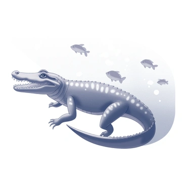 A crocodile is swimming underwater, viewed from below. The body of the crocodile is elongated and streamlined, with its powerful limbs and long tail positioned gracefully as it moves. Surrounding the crocodile, several small fish are darting around, their forms outlined in the water. The aquatic environment is filled with soft ripples and bubbles, creating a sense of movement. Light filters through the water's surface, casting subtle shadows on the crocodile and the fish.