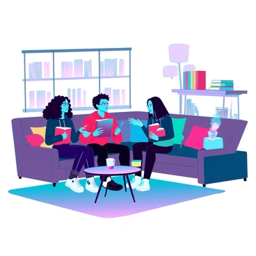 A cozy living room filled with warm, ambient lighting. A group of four teenagers, two boys and two girls, are seated on a large, plush sofa adorned with colorful throw pillows. One girl with curly hair is animatedly discussing a book, gesturing with her hands. The boy next to her, wearing glasses, is listening intently while holding a paperback novel. The other girl, with straight hair, is leaning forward, eager to contribute, while the second boy, wearing a hoodie, is relaxed with his feet propped up on the coffee table. Books are scattered around the room, and a soft rug lies beneath them. A small bookshelf in the corner is filled with various titles, and a steaming mug rests on the table, adding to the inviting atmosphere.