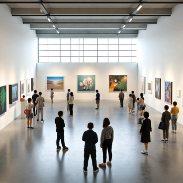 An art exhibition set in a spacious concrete gallery with high ceilings and large windows allowing natural light to flood the space. The walls are painted in a soft white, providing a neutral backdrop for the artworks. Various contemporary artworks are displayed throughout the gallery, including abstract sculptures, vibrant paintings, and installations. Each piece is carefully lit to highlight its details. Visitors of diverse backgrounds can be seen engaging with the works, reading information plaques, and discussing the pieces in small groups.