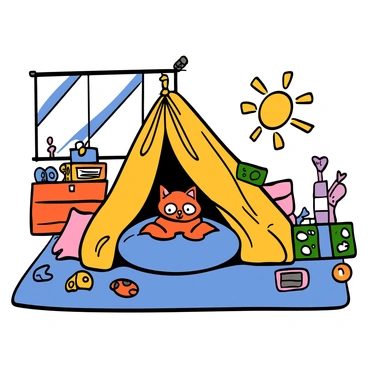 A tom kitten with orange fur and big eyes is nestled comfortably inside a cozy pillow fort made of colorful cushions and blankets. The fort is set up in a bright living room with a soft carpet underneath. Various toys are scattered around, adding to the playful atmosphere. Sunlight is streaming through a nearby window, casting gentle shadows inside the fort. The kitten looks content and curious, peeking out from under a blue pillow.