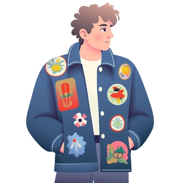 Bob Dylan is standing against a soft, muted backdrop, wearing a classic vintage jacket adorned with various embroidered patches. The jacket features a range of colors, including deep blues, rich reds, and earth tones that highlight the intricate designs. His hair is slightly tousled, in his signature style, framing his face. He has a thoughtful expression, with his gaze directed slightly off to the side. Beneath the jacket, he wears a simple white shirt. Subtle lighting casts gentle shadows, enhancing the textures of the fabric and the details of the patches.