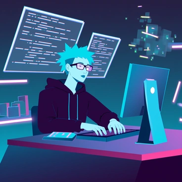 A young hacker with spiky blue hair and glasses, wearing a black hoodie and fingerless gloves. She is sitting at a sleek, modern desk surrounded by multiple digital screens displaying lines of code and colorful holograms floating above the desk. The room is dimly lit, creating a stark contrast with the bright neon lights of the screens and holograms. The walls are lined with shelves filled with gadgets and tech equipment, and a faint glow from a nearby computer illuminates her focused expression as she types rapidly on a keyboard.