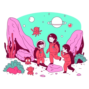 A group of children in bright red astronaut suits is exploring a vibrant alien planet. The landscape features pink and teal rock formations, with unusual plants that have large, colorful leaves. Friendly aliens, resembling small creatures with round bodies and large expressive eyes, are interacting with the children. Some aliens are playfully floating in the air, while others are curiously examining the children's equipment. The sky above is filled with multiple moons and stars, creating a sense of wonder and adventure.