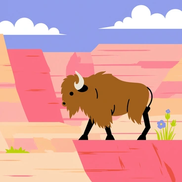A bison with a shaggy brown coat is walking along the edge of a vast canyon. The canyon features layered rock formations in shades of red and orange, contrasting with the green vegetation at its base. In the background, a deep blue sky is dotted with fluffy white clouds. The bison is captured mid-stride, with its large horns prominently displayed, and a few wildflowers are growing nearby on the rocky terrain.
