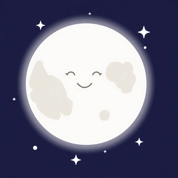A full moon with a light gray surface, prominently displayed in the night sky. The moon features a subtle, peaceful face etched into its surface, with closed eyes and a gentle smile. Surrounding the moon, a scattering of twinkling white stars adds to the nighttime ambiance. The sky has a deep navy blue hue, providing a contrast against the glowing moon.