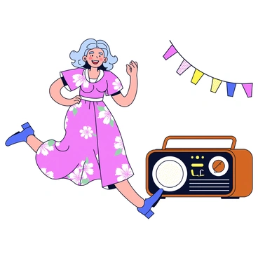 A glamorous woman wearing a flowing vintage dress with a floral pattern. She has styled hair with soft waves and a bright red lipstick. The woman is joyfully dancing with a smile on her face. Next to her is a large vintage radio, featuring ornate wood detailing and rounded edges. The party atmosphere is visible with colorful streamers hanging in the background.